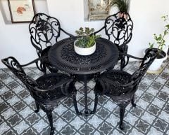 Döküm masa sandalye takım siyah renk güllü sandalyeli